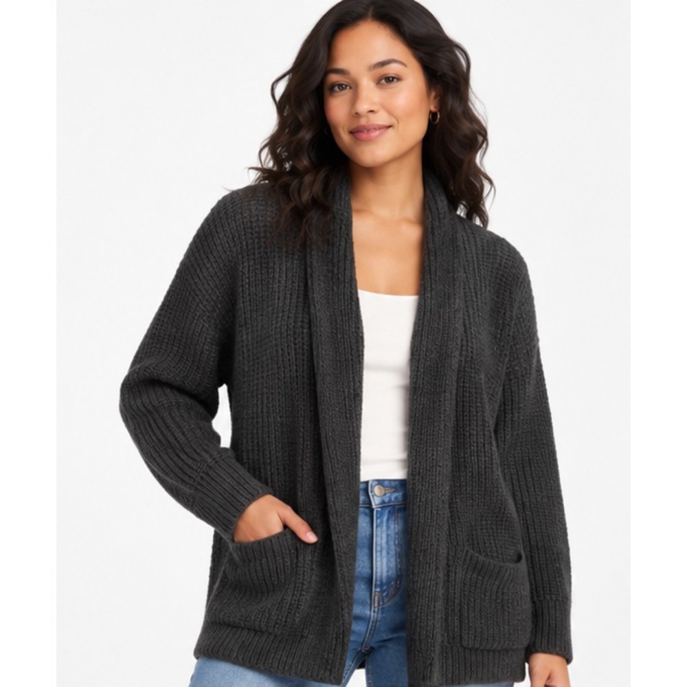Time and Tru Womens Fuzzy Cardigan Size M 8-10 Black Open Front Pocket Cozy